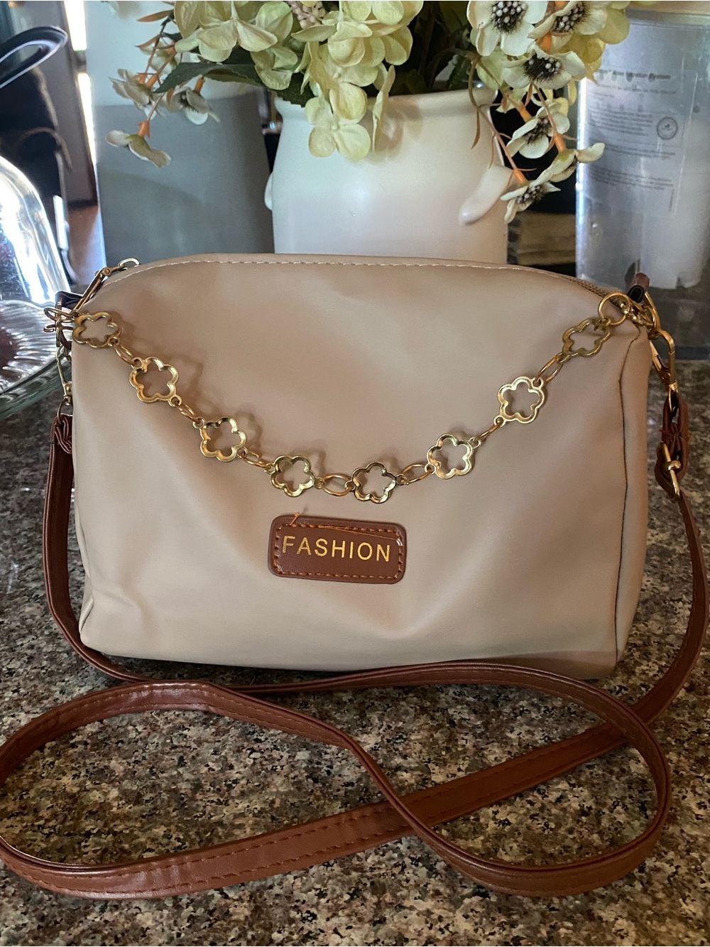 Fashion Bug Beige Crossbody Bag with Gold Floral-Link Chain